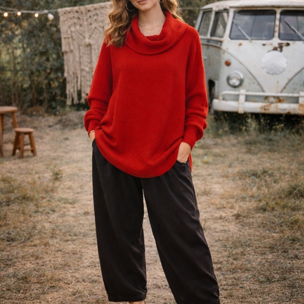 Free People Ribbed Sweater Womens Medium Red Oversized‎ Cowl Neck Thick Casual
